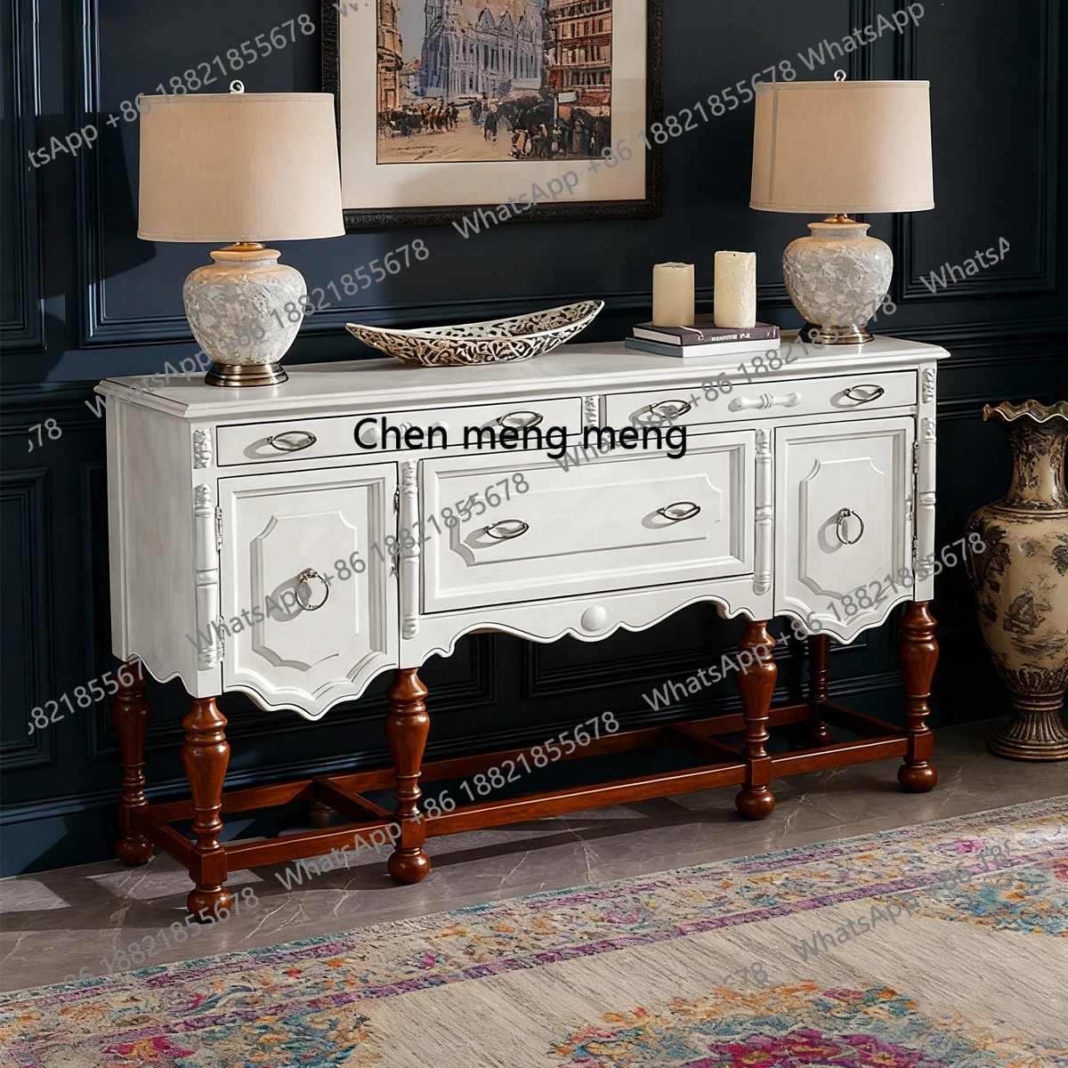 White Entryway Cabinet with Carved Solid Wood Texture Sideboard Cabinet Living Room Artistic Luxurious Decorative Cabinet