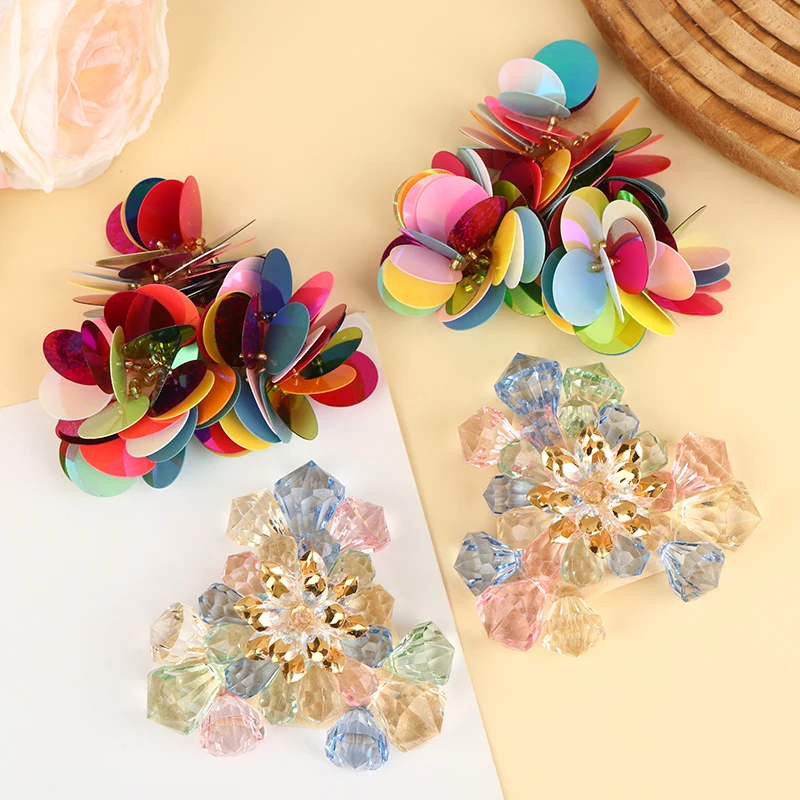 1Pair Colorful Sequin Sew Patches  Acrylic Beaded Flowers Shoes Clip DIY Shoe Buckle for Shoe Bag DIY Hand Sew
