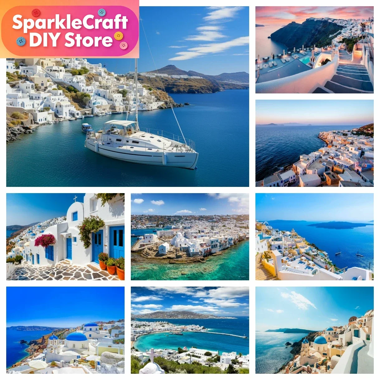 1 pieza de pintura de diamante sin marco, diseño de belleza azul, Grecia, Santorini, Isla de Mykonos, paisaje del Mar Egeo, imagen de bordado de punto de cruz