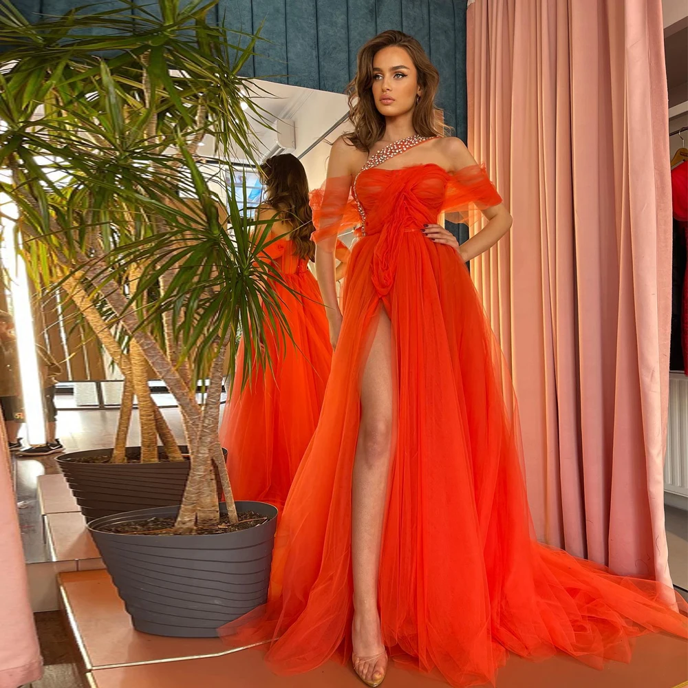 

Sexy Orange Tulle Prom Dresses Off the Shoulder Occasion Evening Gowns Beads Pleat Floor Length High Slit 2024 فساتين السهرة