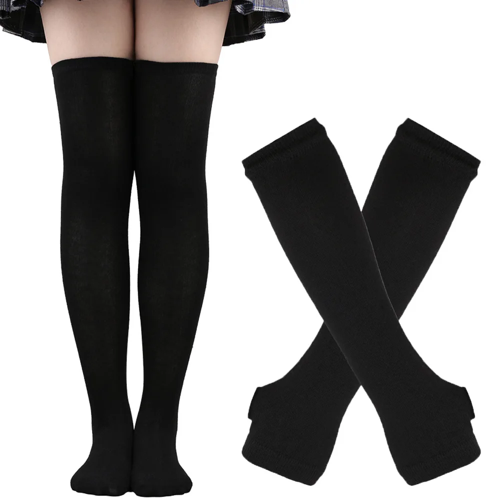 Meias Gothic Punk Over Knee Socks para mulheres, meias de listra longa, luvas de manga de braço feminino, doce presente de Natal fofo, 2 pares por conjunto