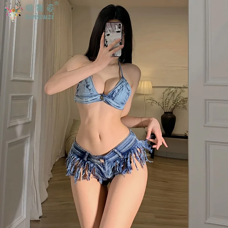 レディースデニムビキニセット セクシーローウエストタッセルデニムショートパンツ ジーンズ水着 カウボーイブラ ビーチ ナイトクラブ DJ ポールダンス DSユニフォーム