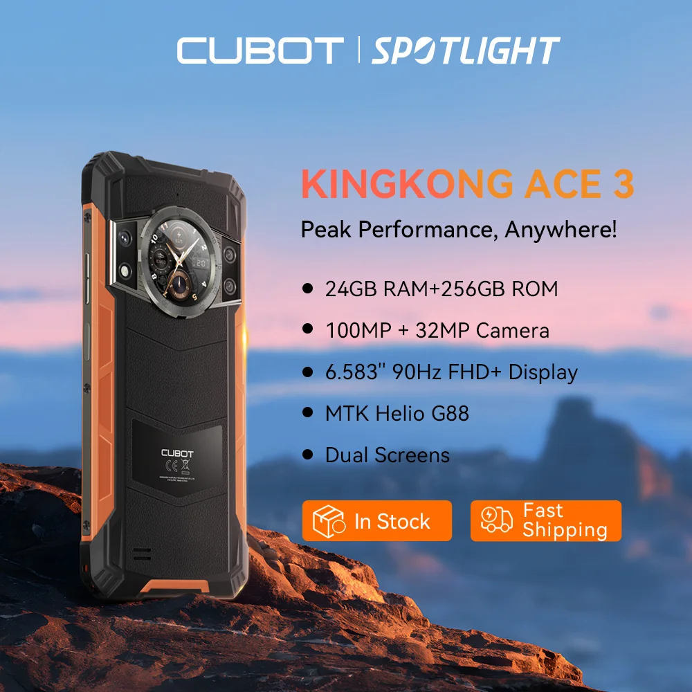 Cubot KingKong ACE 3, smartphone tangguh ultra-tipis Android 14, RAM 24GB (diperpanjang 8GB+16GB), ROM 256GB, Layar FHD+ 90Hz 6,583 inci, Layar Ganda, Kamera 100MP