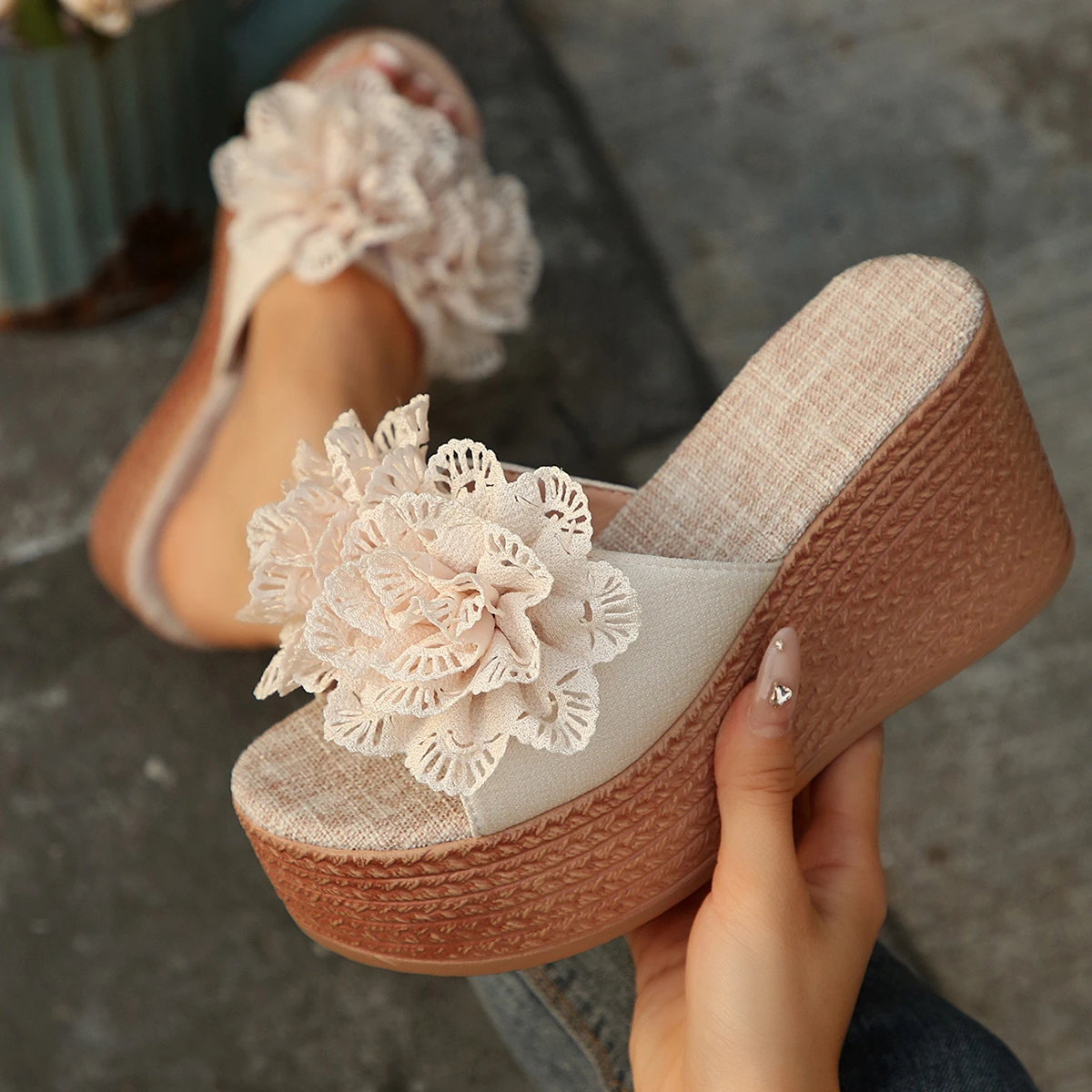 Wedges Sandals Women 2026 New Beach Platform Shoes Lightweight Flower Round Headed Shoes Solid Color Women High Heel Slippers