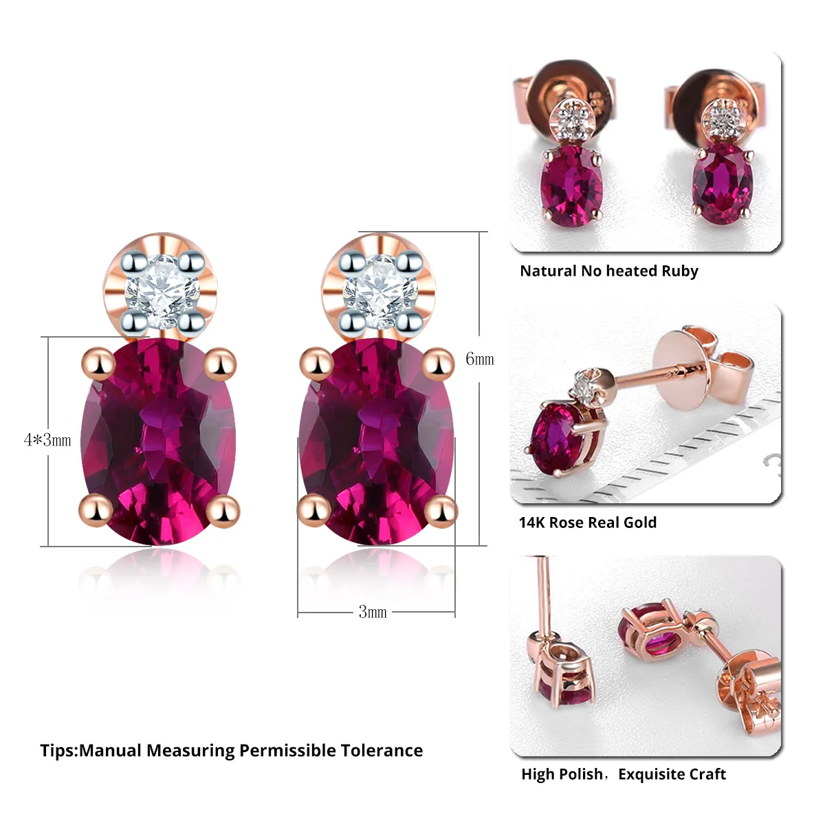 Lohaspie 14K Rose Gold Stud Earrings 0.582 Carats Natural No Heated Ruby Fine jewelry Special Style Earring