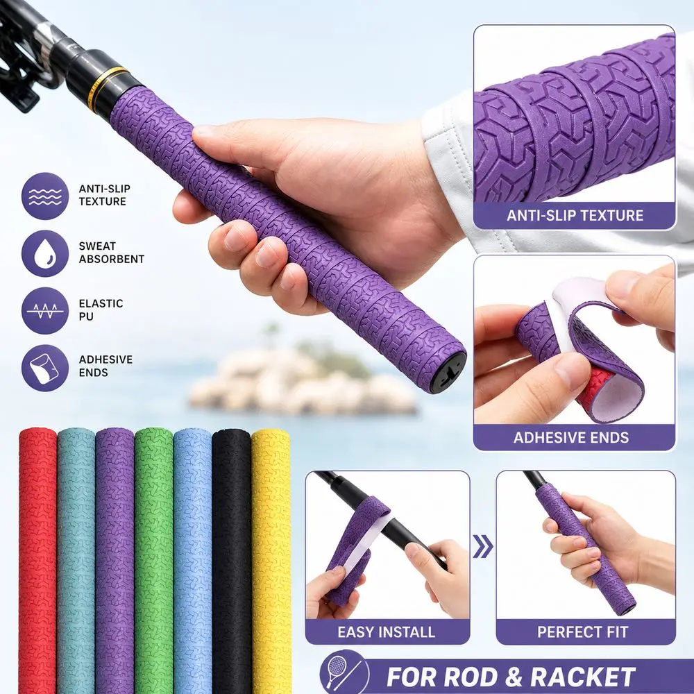 PU Badminton Handle Wrap Tape Sweat Absorbent Elastic Cushioning Fishing Rod Grip Tape Anti Slip Texture Adhesive End Strips