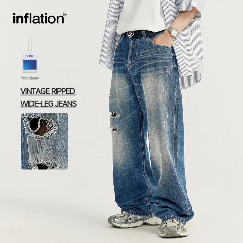 

INFLATION Retro Ripped Wide Leg Jeans High Street Washed Straight Denim Trousers