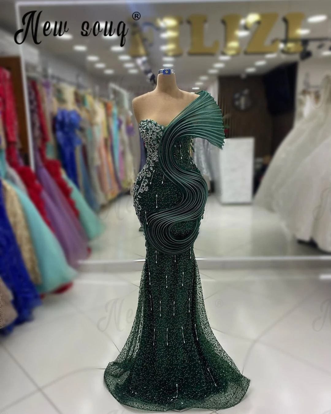 Gaun acara Formal hijau zamrud Dubai jubah 2024 gaun pesta malam payet berkilau Ruffles Bal De Promo