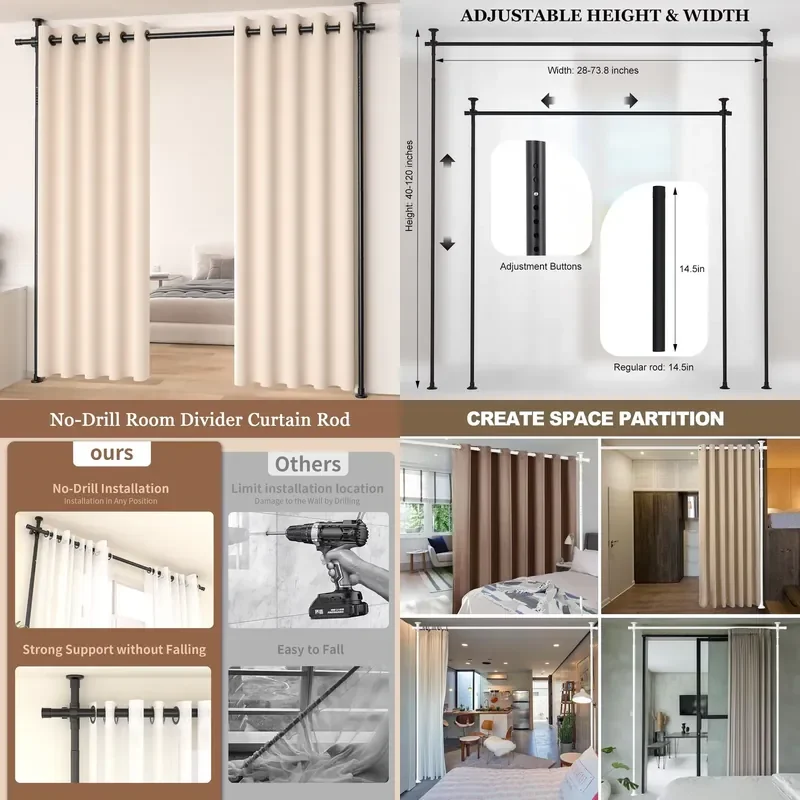 Heavy Duty Metal Tension Wall Baffle Portable Room Partition No Drill Curtain Rod Bracket