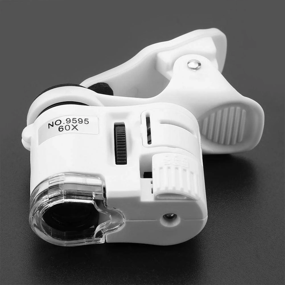 60X Portable Clip Magnifier Loupe UV Microscope Universal Mobile Phone with Mini LED Universal Mobile Phone