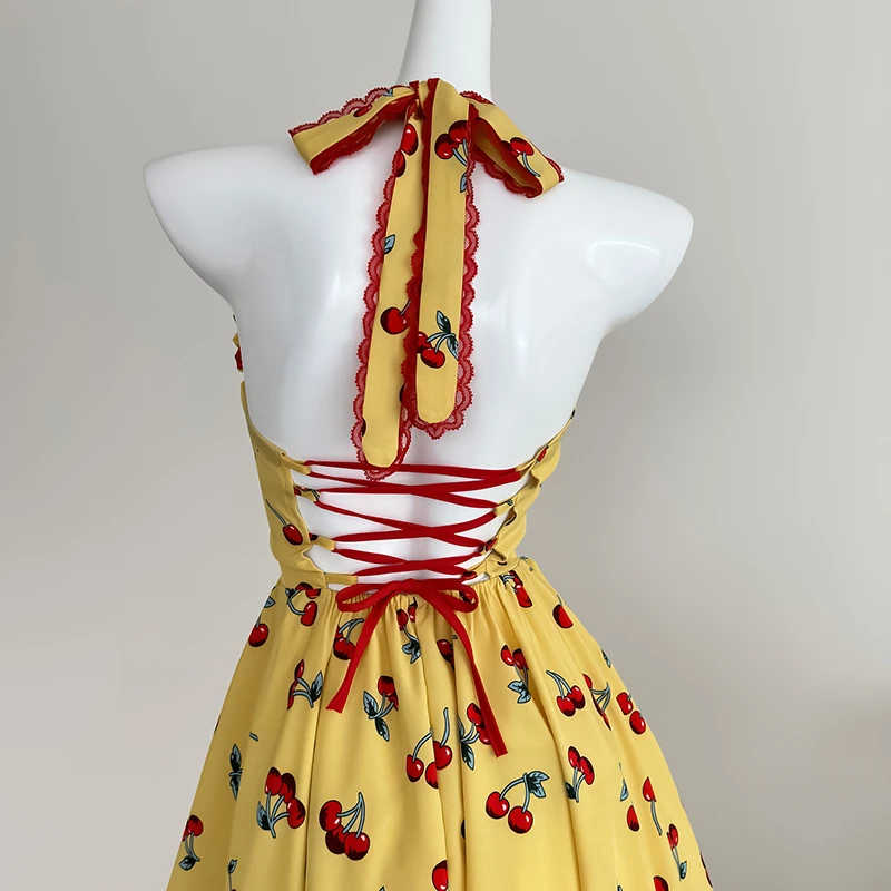 2 ชิ้นชุดชุดสตรีฤดูร้อน Holiday พิมพ์ Halter Backless Midi ชุดเดรสเกาหลีแฟชั่น Elastic High เอวกระโปรงลูกไม้สีขาว