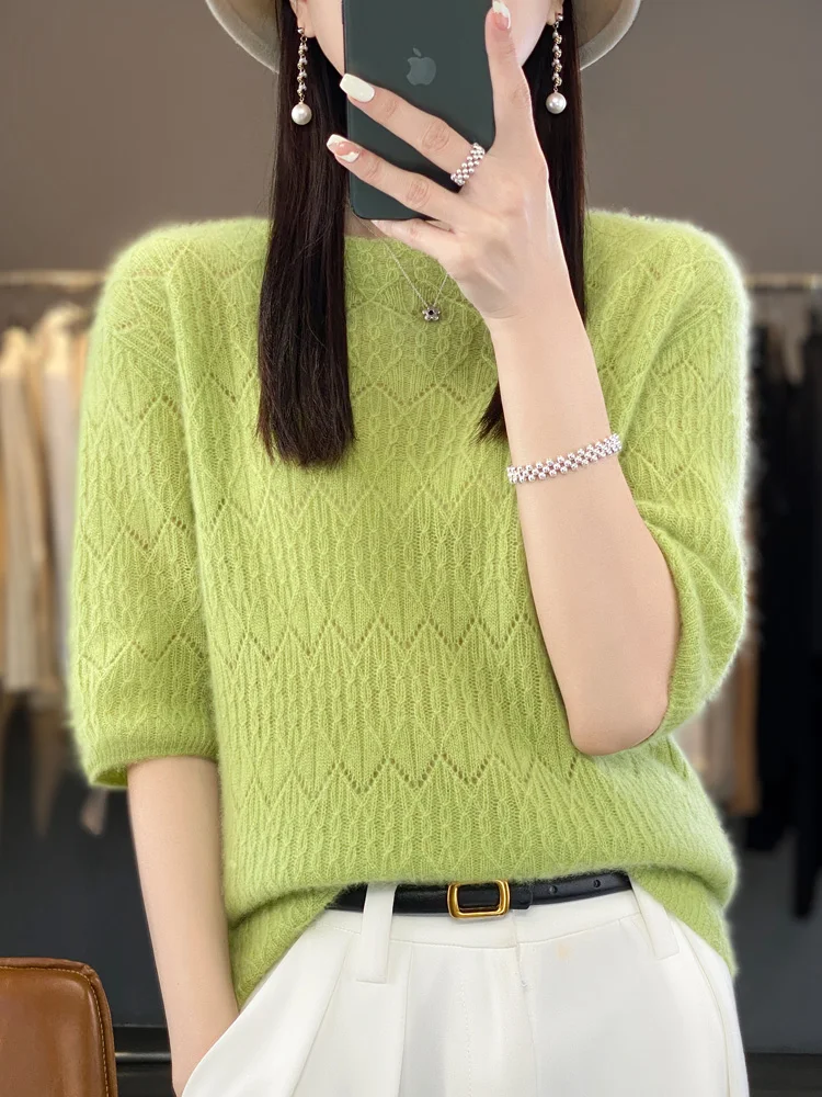 

New Spring Autumn Women Pure Wool Cashmere Short-Sleeve Tops O-Neck Knit Sweater Loose Pullover High-End Half-Sleeve T-shirt