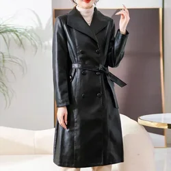 Haining leren trenchcoat voor dames, middellange lengte, Koreaanse versie, slank, groot formaat, dik, nieuwe trend, herfst en winter