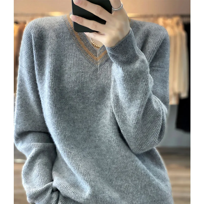 100% Merino Wool Cashmere Sweater Women\'s V-neck Pullover Autumn /Winter Casual Knit Tops Korean Style Loose Female Jacket Hot