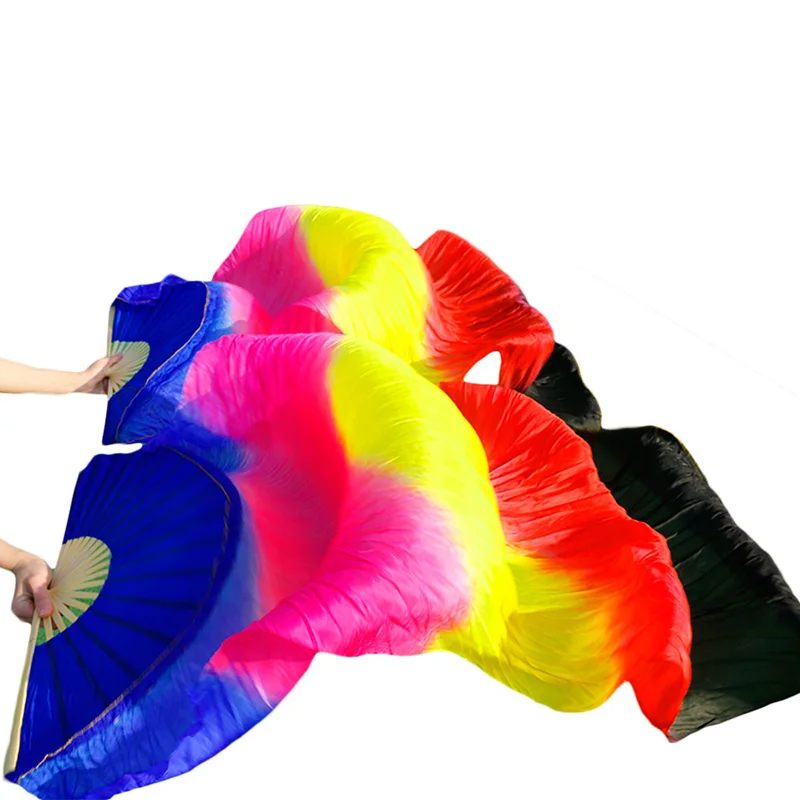 Belly Dance Silk Fan 100% Real Silk Long Silk Fans 1 Pair Handmade Gradient Color Practice Dancing Fans Can Be Customized