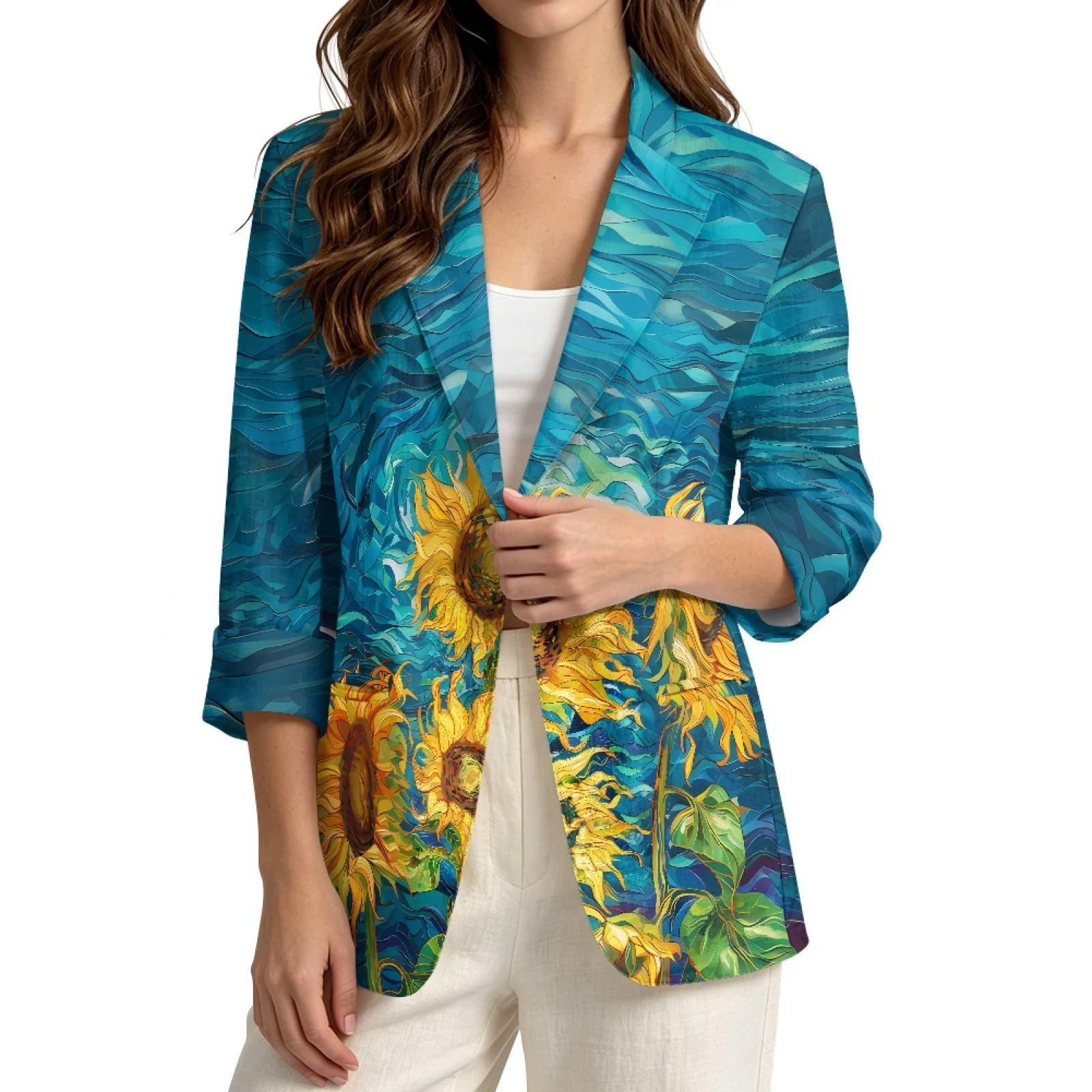 PENSTROLL Casual Linen Like Open Front Blouse Soft Open Front Tops for Daily Wear Sunflowers