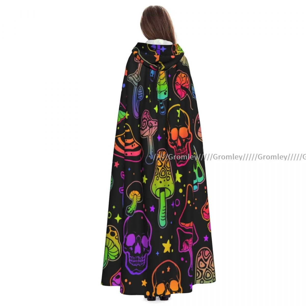 Unisex Halloween Cloak Bright Poisonous Mushrooms And Skulls Cape Hooded Medieval Costume Witch Wicca Vampire