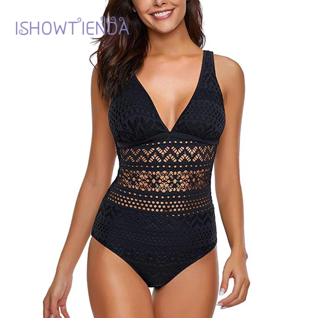 

2024 Sexy Black Strapped Swimwear Women Push UP Lace Hollow One Piece Swimsuit Monokini Backless Summer Bathing Suit