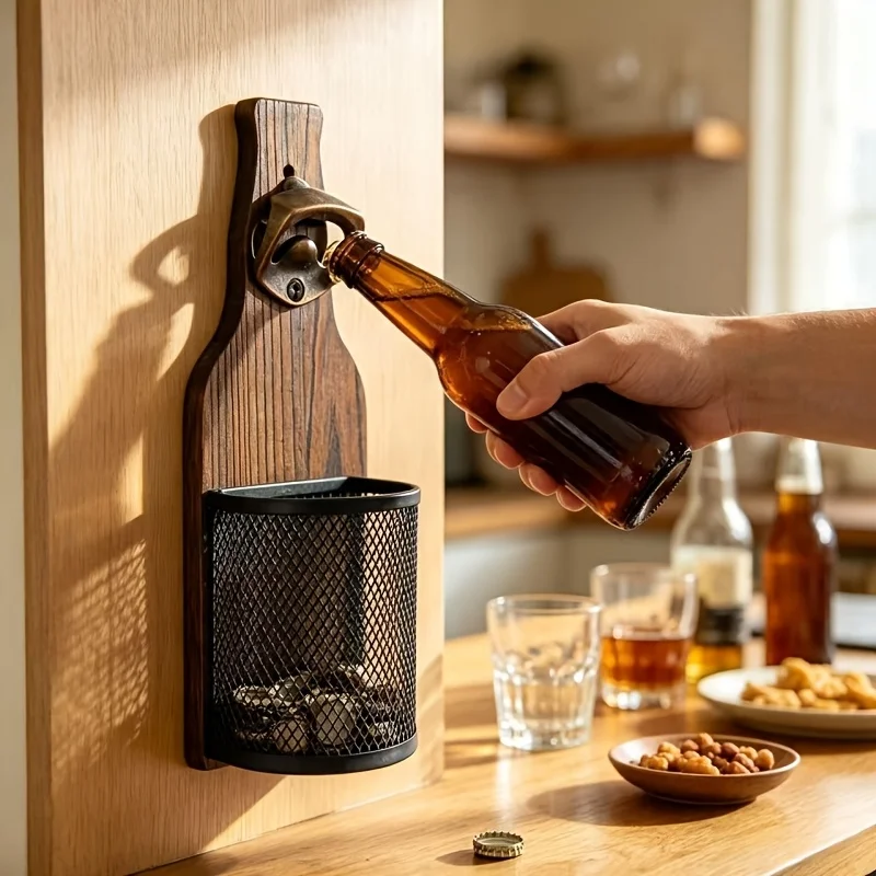 Vintage Wood Wall Beer Opener with Cap Storage Basket Retro Bar Wall Decoration for Kitchen Backyard BBQ Gift for Beer Fans 5