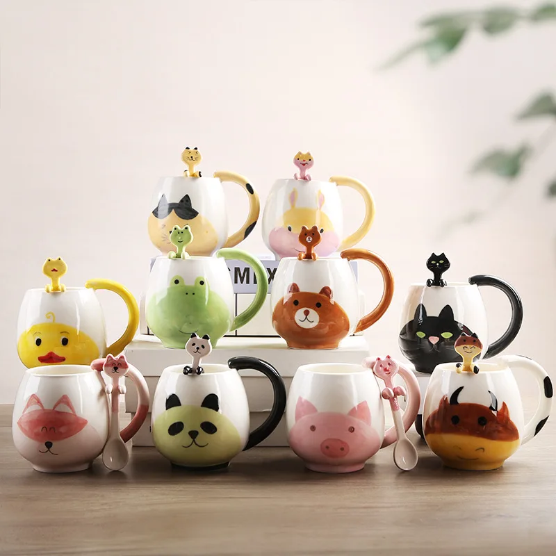 

Cute Cartoon Mug Animal Ceramic Home Modern Hand Painted Water Cup With Spoon Creative Coffee Cup Exquisite Milk Cups Room Decor