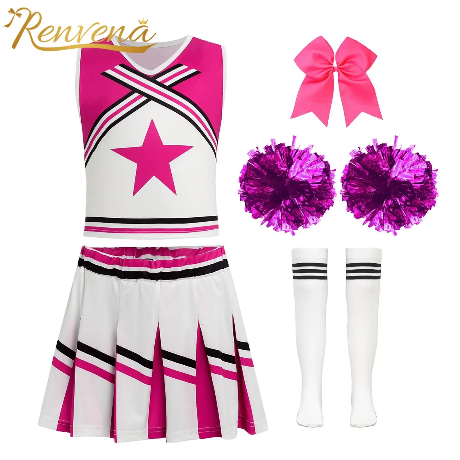 Kids Girls Cheerleader Outfit Costume Children Cheering Team Set Top Pleated Skirt with Flowers Hair Tie Socks Dancewear Sets
