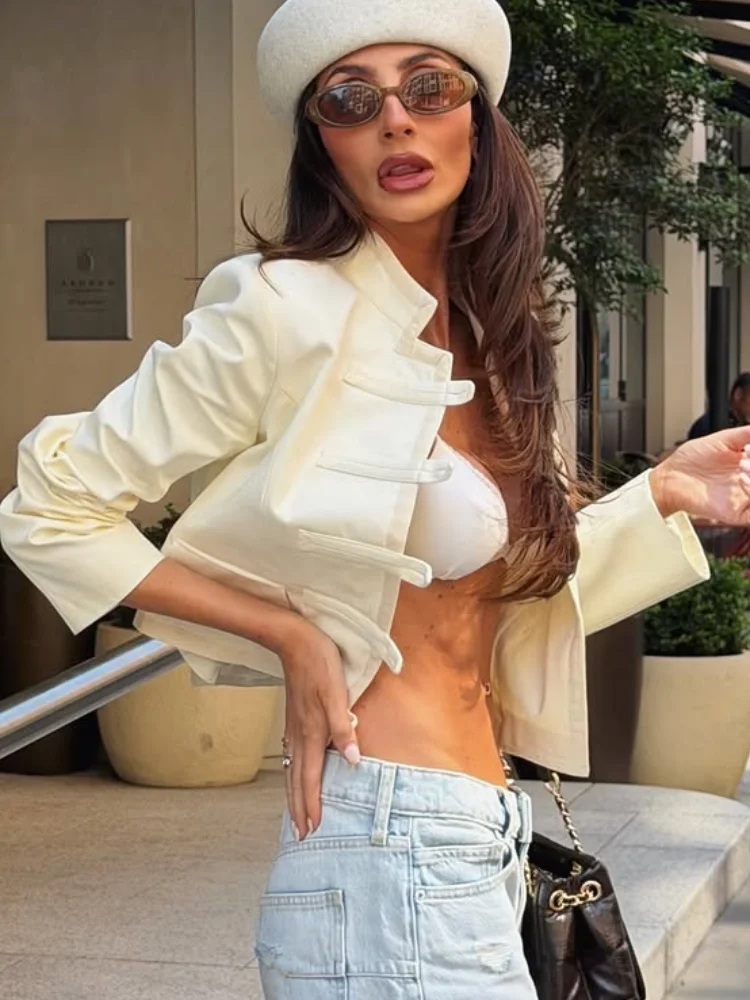 Women's Short Leather Jacket Stand Collar Handmade Frog Button Solid Slim Long Sleeve Coat 2026 Hot Girl Street Outing Outfit