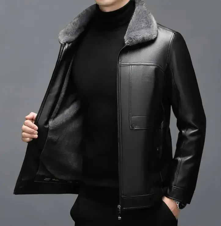 

318 весенне-осеннее мужское пальто из натуральной кожи с меховым цельным воротником из овчины, короткий топ, утолщенный и теплый зимний