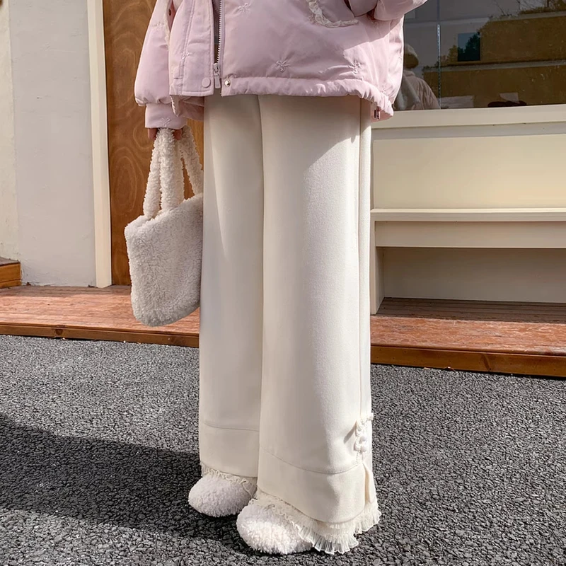 Korean Design Gentle Wind Drooping High Waist Straight Women's Casual Pants 2025 Winter New Lace Woolen Wide-leg Trousers Ladies