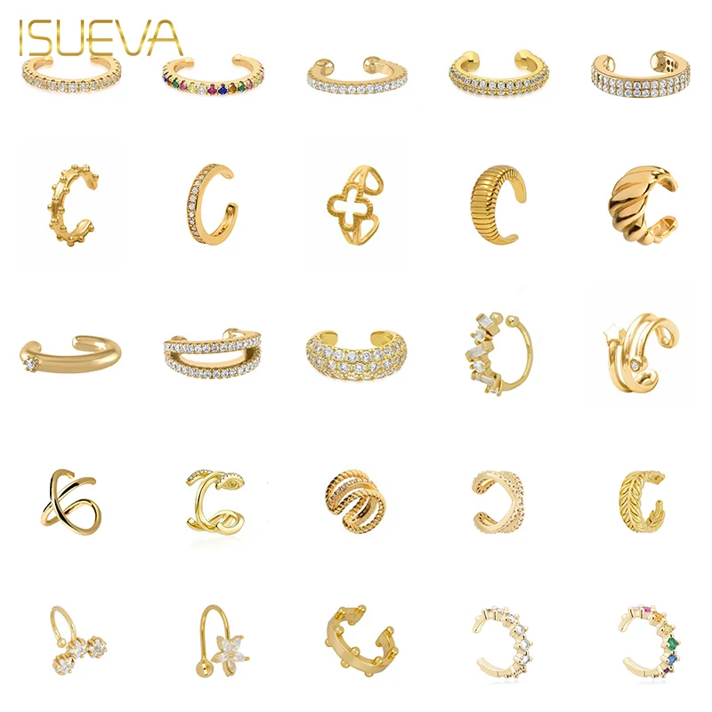 ISUEVA 1PC Gold Plated Clip Earrings for Women CZ Zircon Fake Piercing Ear Cuff Women's Earrings 2023 Fashion Jewelry Wholesale