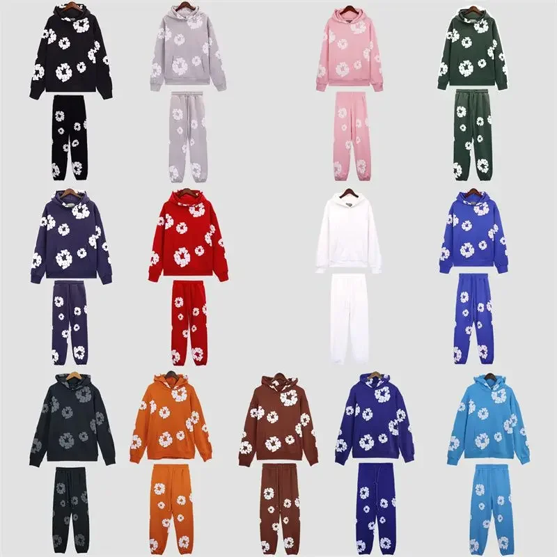 DENIM TEARS Top Quality Men's Women's Same Kapok Printing Versatile Personalized Long-sleeved Hooded Sweater with Trousers Set