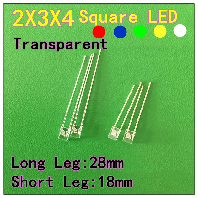 100PCS 2X3X4 Square LED High-Brightness White Base Emitting Red Light/Orange/Blue/Green Light Through Hole LED Square Lamp