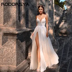 RODDRSYA Boho Lace Applique A Line Wedding Dresses Side Split Backless Spaghetti Straps Bridal Gown Customized Bride Dresses