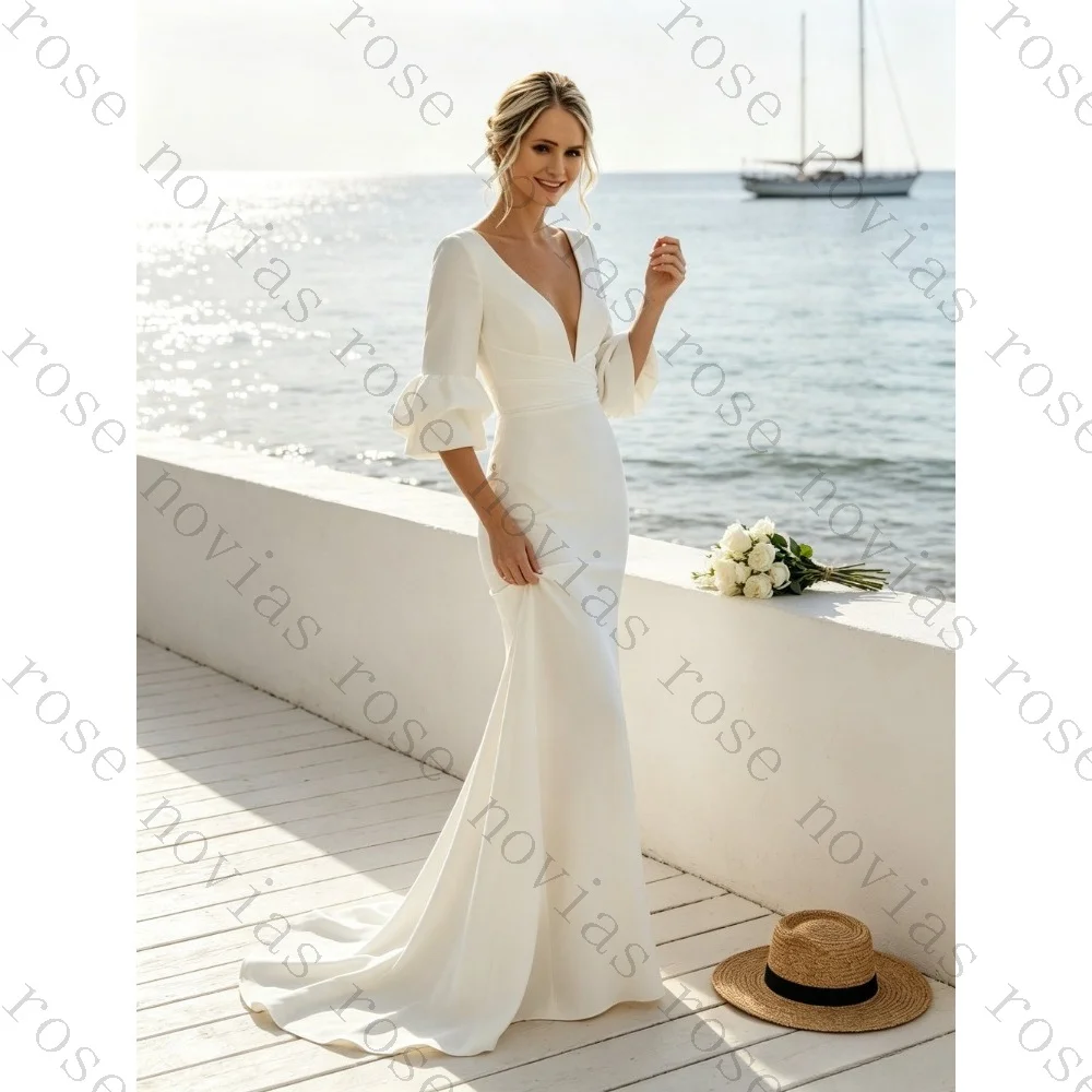 Customized White Satin V-neck Mermaid Wedding Dress 2026 Bubble Sleeves Simple and Slim Fit Long Beach Bride Gown Formal Party
