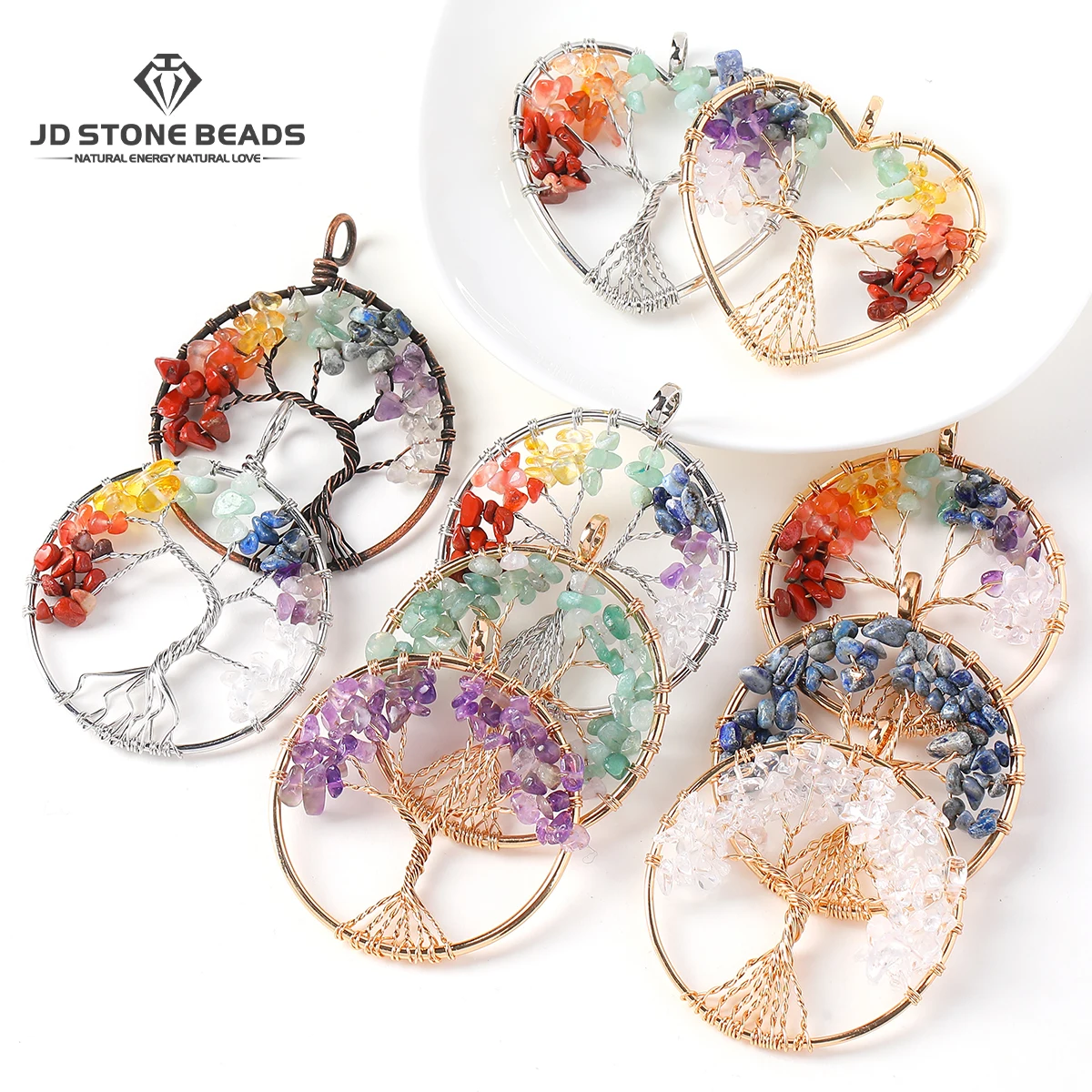 

1 Pc Natural Amethyst Lapis Lazuli Gravel Stone 7 Chakra Tree Pendant Healing Charms for Jewelry Making DIY Necklace Accessories