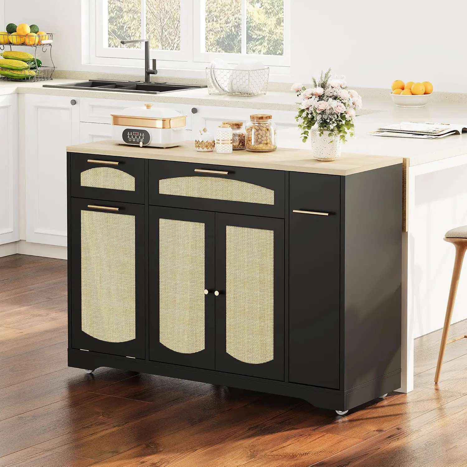 

53.1" Kitchen Island on Wheels, Rattan Rolling Kitchen Island Cart with Drop Leaf Breakfast Bar, Tilt Out Trash Can Cab