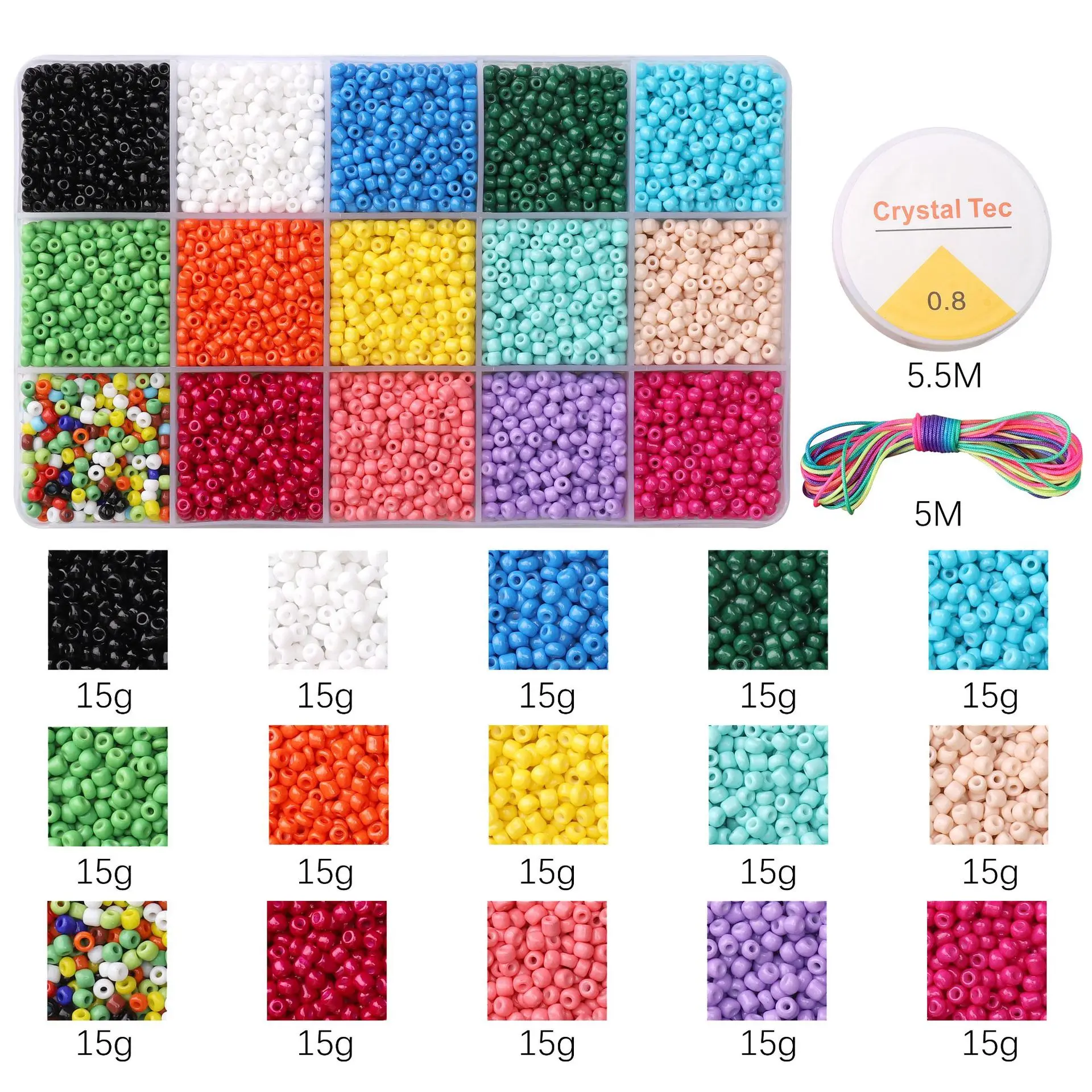 Solid Color Glass Rice Beads Set 15 Grid DIY Jewelry Making Kit for Bracelets Necklaces Craf