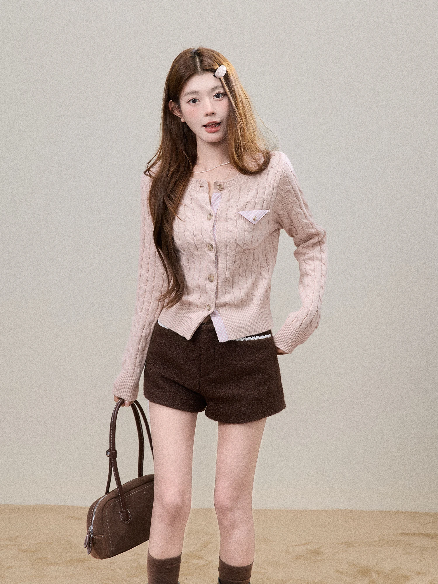 BBT Sweety Pink round Neck Twisted Button Knitted Sweater Women's Short Long Sleeve Soft Nurturing Open Cardigan Top