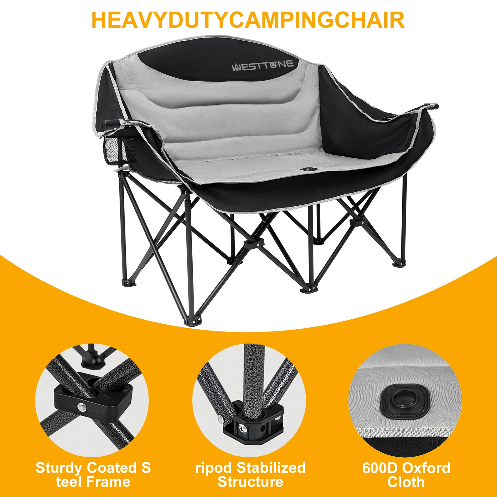 WESTTUNE Double Camping Chair Oversized Loveseat Camping Couch Heavy Duty Outdoor Folding Chair with Cup Holder for Picnic Beach