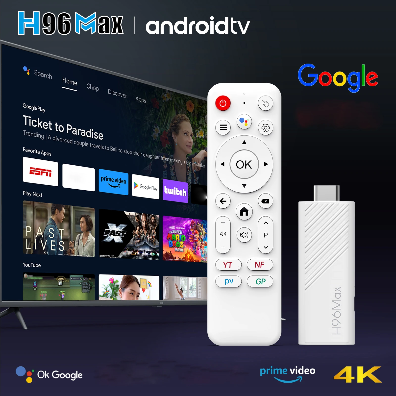 H96 MAX H313 ミニ TV スティック Android14 クアッドコア Wifi6 BT5.0 4K@60fps ATV ランチャー Google 音声アシスタント メディア プレーヤー AI TV スティック