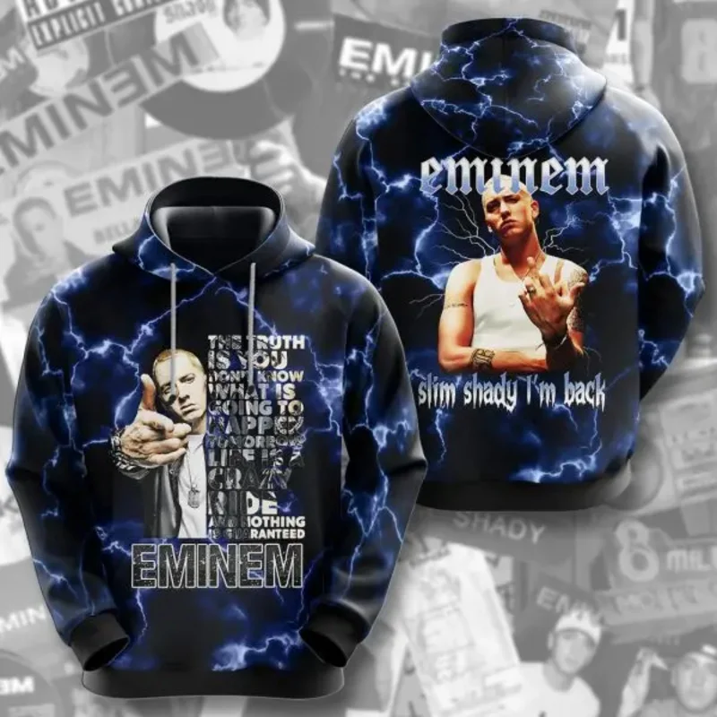 جديد مغني الراب ايمينيم ألبوم ثلاثية الأبعاد أغطية رأس مطبوعة الرجال النساء الهيب هوب رياضية البلوفرات فضفاضة عادية الشارع Harajuku هوديي Y2k الملابس