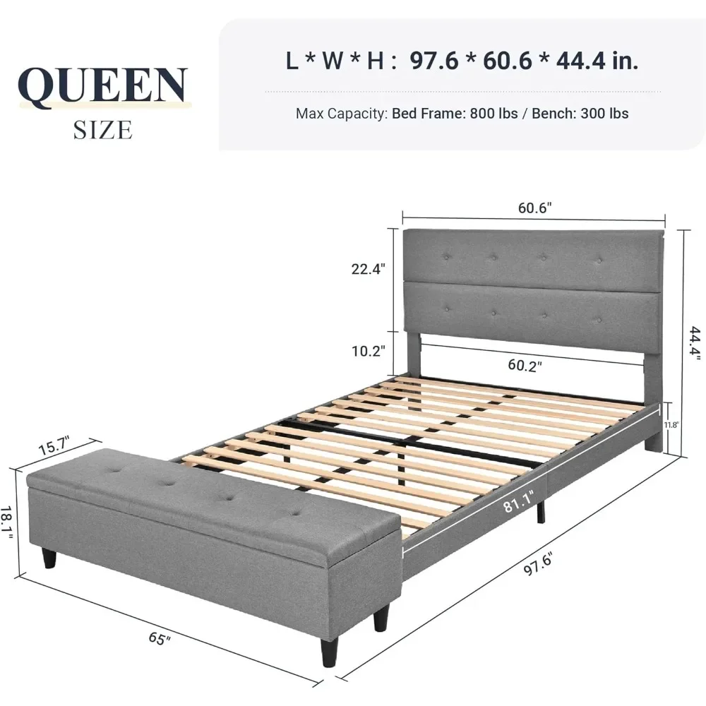 Queen Bed Frame with 120L Ottoman Storage, Upholstered Platform Bed Frame with Mattress Foundation, Wood Slat Support,Bed Frames