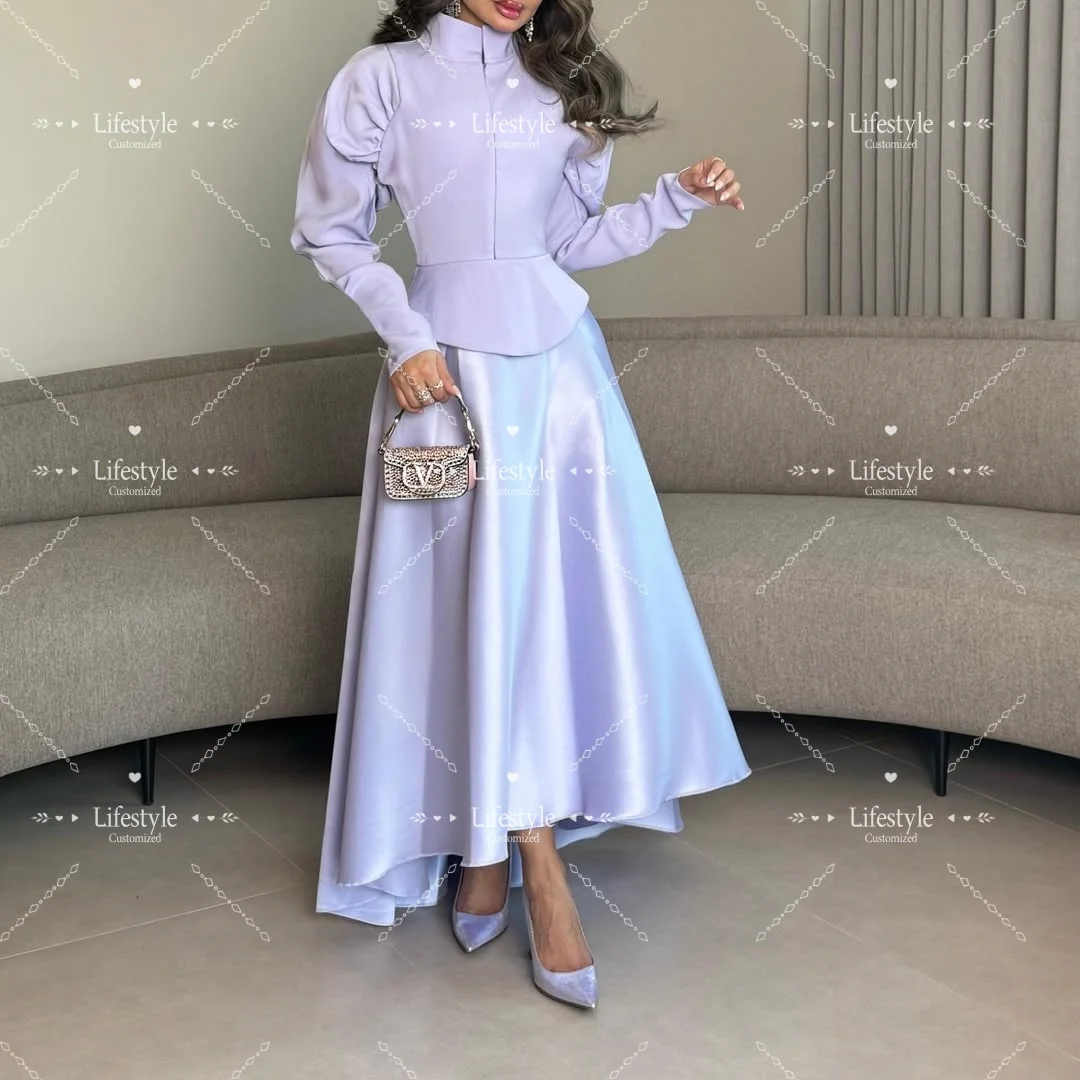 

Customized Lavender Long Sleeve Formal Evening Dresses Prom Gown Satin Peplum Waist Elegant Party Dresses 2026 For Women