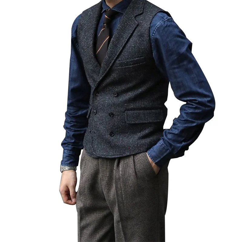 British Retro Tweed Herringbone Wool Gentleman's Autumn and Winter Thick Double-Breasted Polka Dot Wedding Suit Vest
