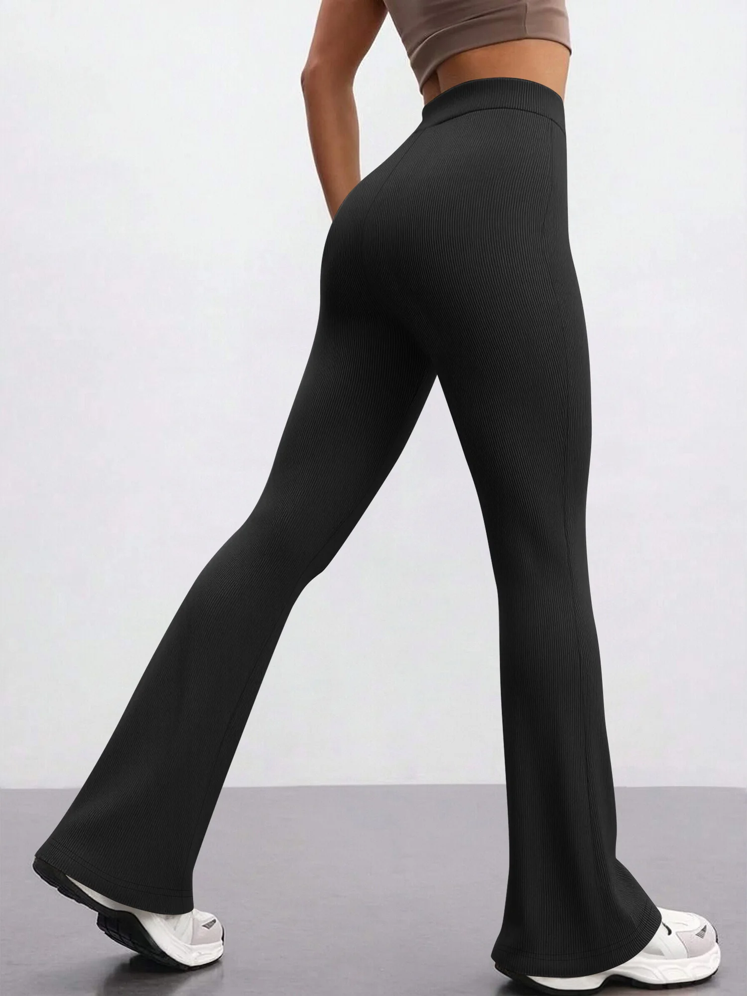Flowy Ribbed Knit Flare Pants for Women, High Waist Solid Slim Leg Trousers, Comfortable Pants for All-day Daily Wear