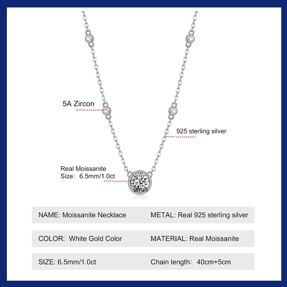 Certified 1 Carat Bazel Moissanite Necklace D Color Lab Created Diamond 925 Silver Choker Chain  for Women Jewelry Gift With GRA