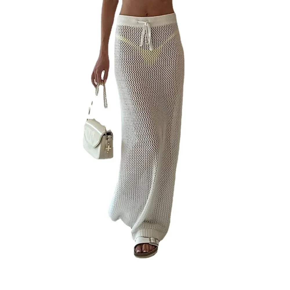 Zwarte Zoete Uitgeholde Vrouwen Sexy Mesh Kwastjesrokken Strandbikini Bedekken Zomer Visnet Badpak Wrap Pure Maxi Sarong