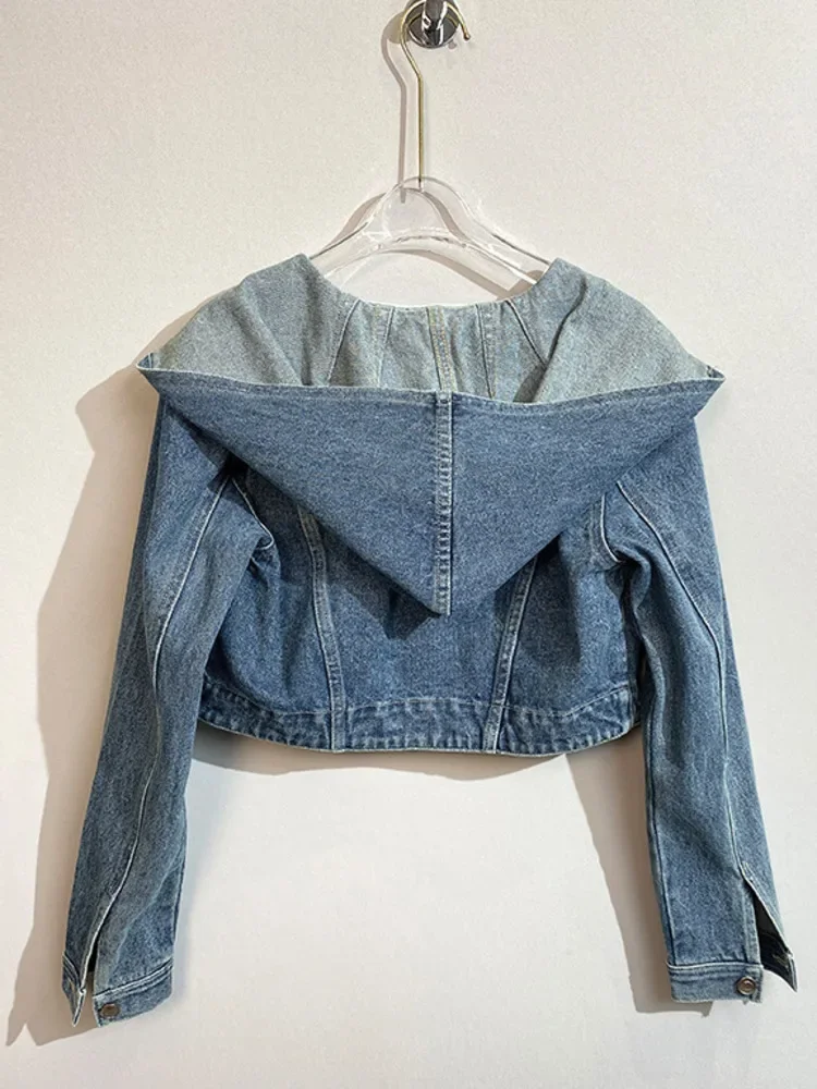 2024 Spring New Women Denim Coat Hoodies Single Button Pockets Long Sleeve Super Short Blue Female Jackets Fashion