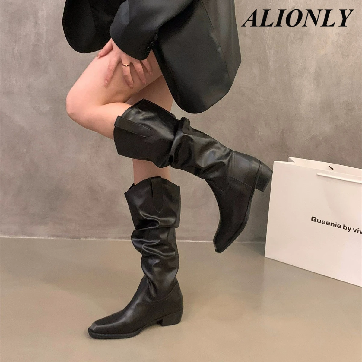 

Alionly/2026, новые зимние черные женские сапоги до колена в стиле панк с круглым носком, женские ботильоны на квадратном каблуке с пряжкой и ремешком, Zapatillas De