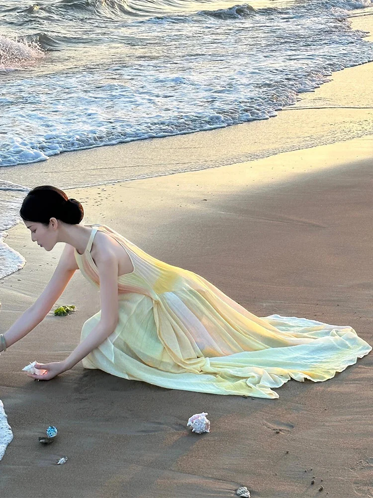 فستان سهرة من Vaion Beach Lazy Adient Long Ne Hanging Dr Loose Gentle Svel Dr Vintage Sle بياقة دائرية