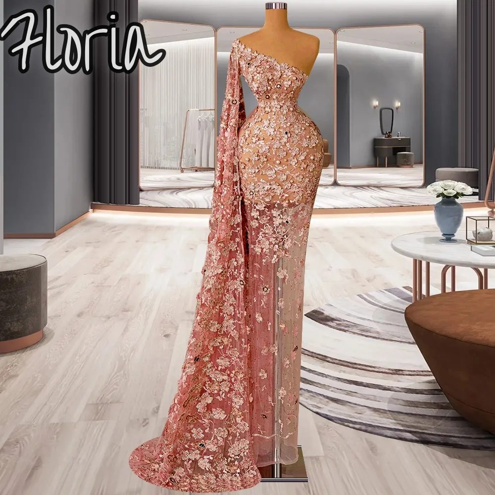 

Luxury Customize Evening Dresses Pearl Bead Prom Gowns One Shoulder Lace Applique Robes De Mariee Sweep Train Formal Party Dress